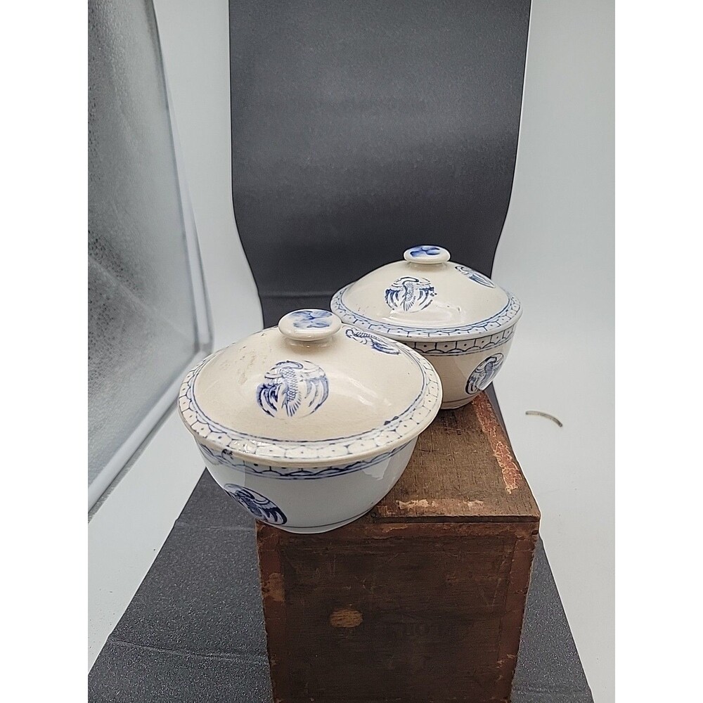 Vtg Pair 2 Asian Porcelain Rice Bowl with Lid Crane Egret Blue Dish Small